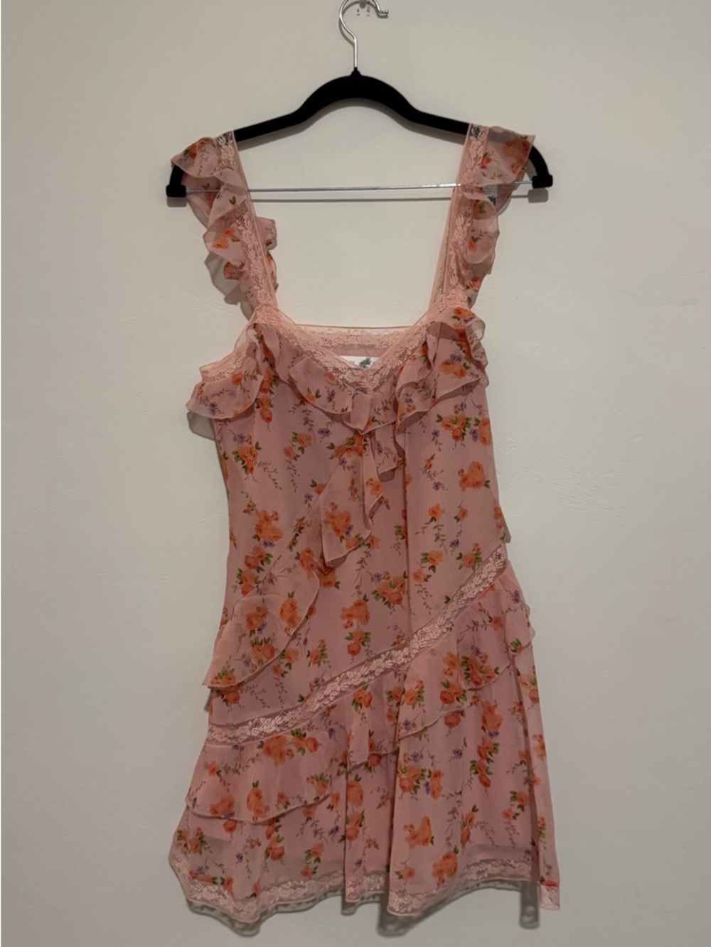 NWT Altar'd State Pink Floral Dress Womens Size Medium Mini Ruffle Feminine Lace